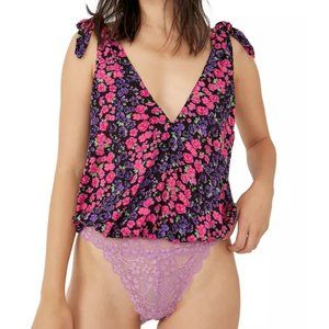 Free People Bare it All Bodysuit Floral Black-Pink Sleeveless V-neck Small S
